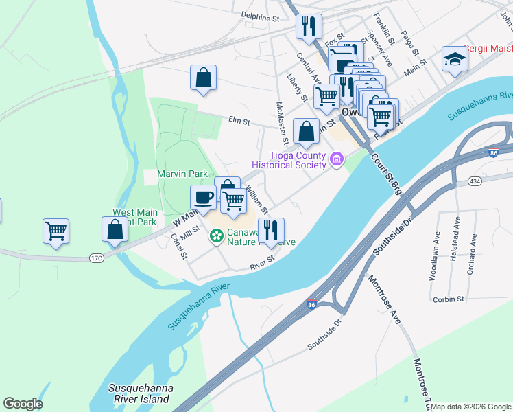 map of restaurants, bars, coffee shops, grocery stores, and more near 73 William St in Owego