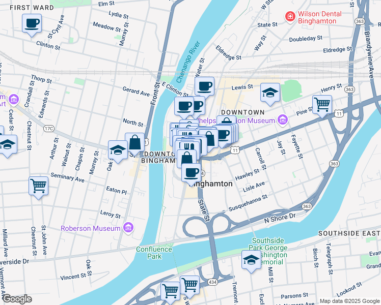 map of restaurants, bars, coffee shops, grocery stores, and more near Court Street in Binghamton