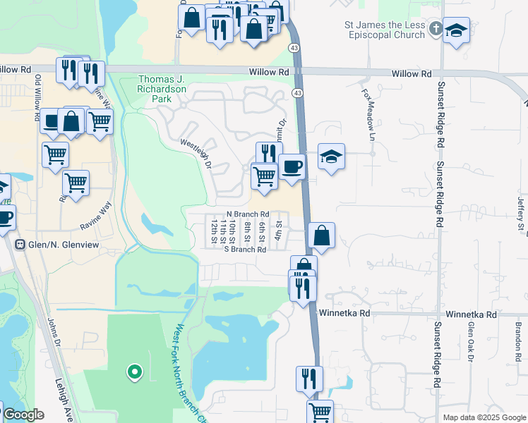 map of restaurants, bars, coffee shops, grocery stores, and more near 30 North Branch Road in Winnetka