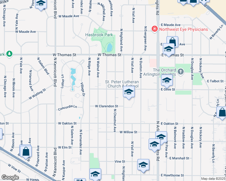 map of restaurants, bars, coffee shops, grocery stores, and more near 1256 North Chestnut Avenue in Arlington Heights