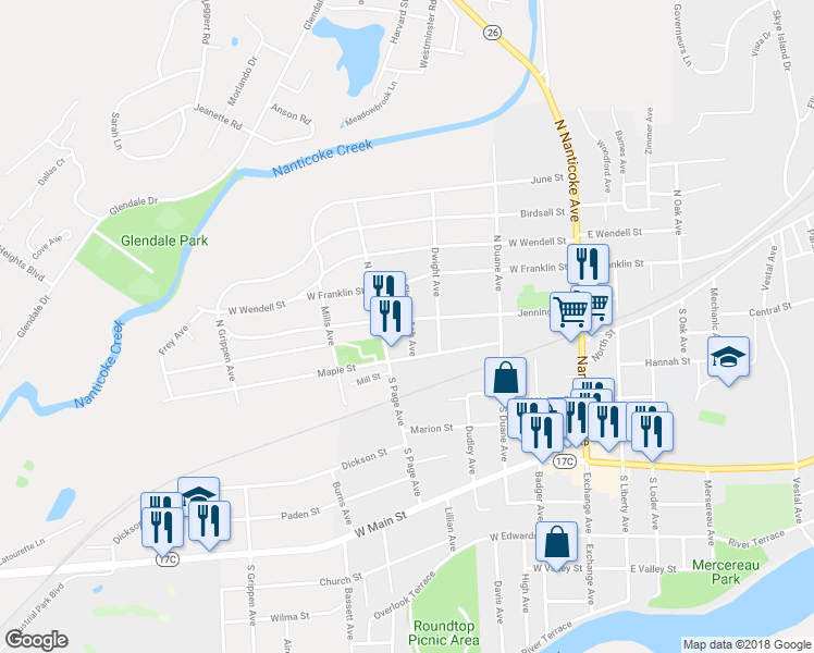 map of restaurants, bars, coffee shops, grocery stores, and more near 414 Jennings Street in Endicott