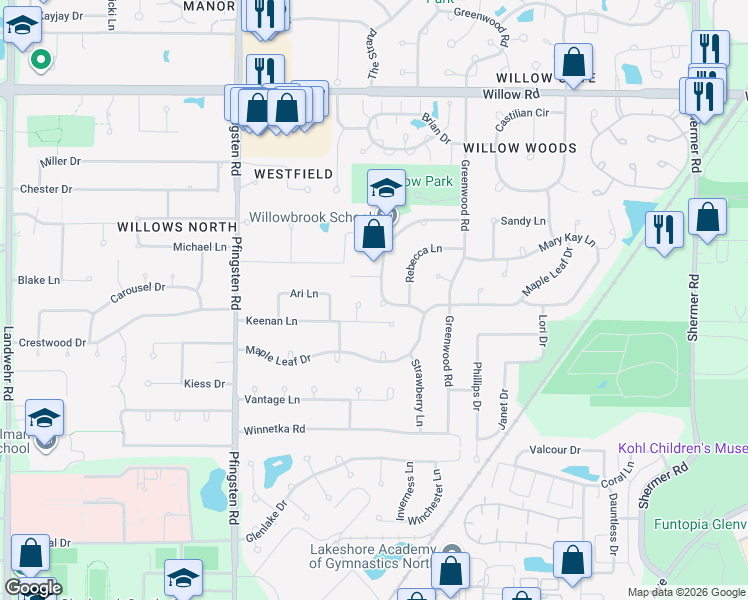 map of restaurants, bars, coffee shops, grocery stores, and more near 2420 Happy Hollow Road in Glenview