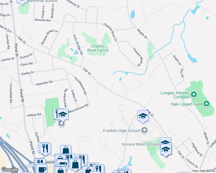 map of restaurants, bars, coffee shops, grocery stores, and more near 379 Oak Street in Franklin