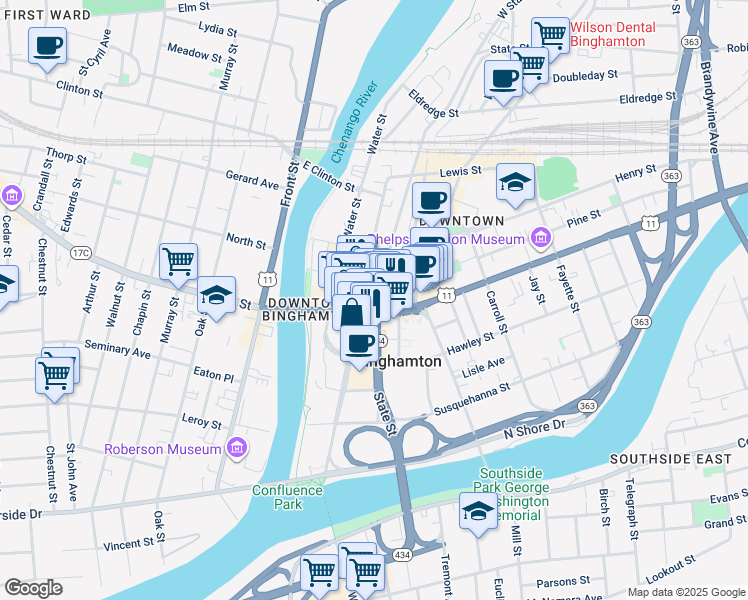 map of restaurants, bars, coffee shops, grocery stores, and more near 73 Court Street in Binghamton