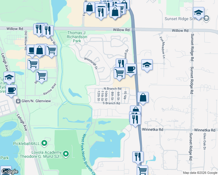 map of restaurants, bars, coffee shops, grocery stores, and more near 44 North Branch Road in Winnetka