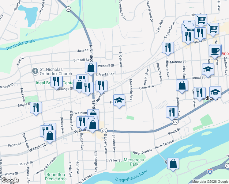 map of restaurants, bars, coffee shops, grocery stores, and more near 3 South Loder Avenue in Endicott