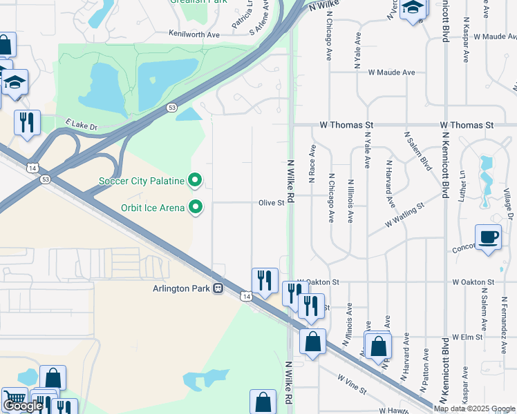 map of restaurants, bars, coffee shops, grocery stores, and more near 609 South Warren Avenue in Palatine