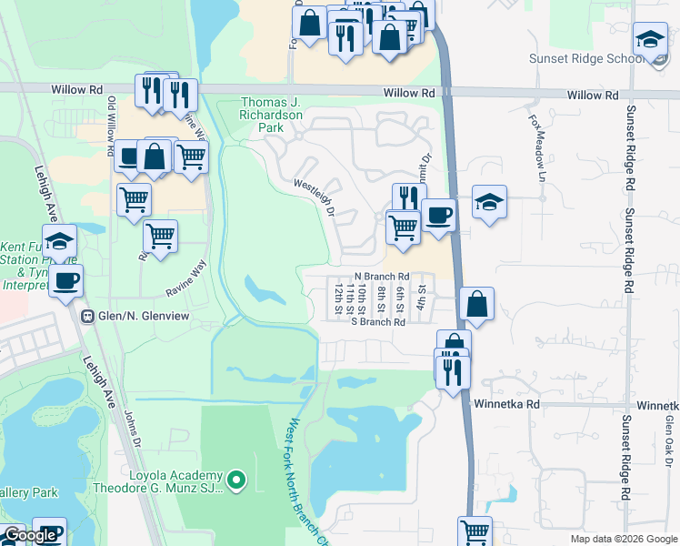 map of restaurants, bars, coffee shops, grocery stores, and more near 78 North Branch Road in Winnetka