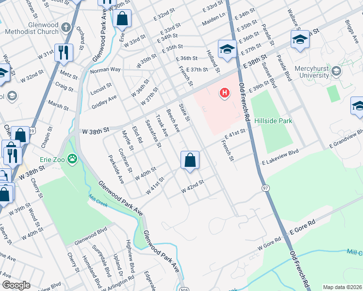 map of restaurants, bars, coffee shops, grocery stores, and more near 4002 Beech Avenue in Erie