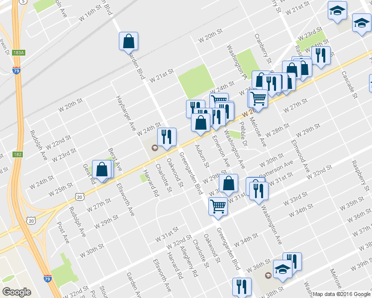 map of restaurants, bars, coffee shops, grocery stores, and more near 1595 W 26th St in Erie