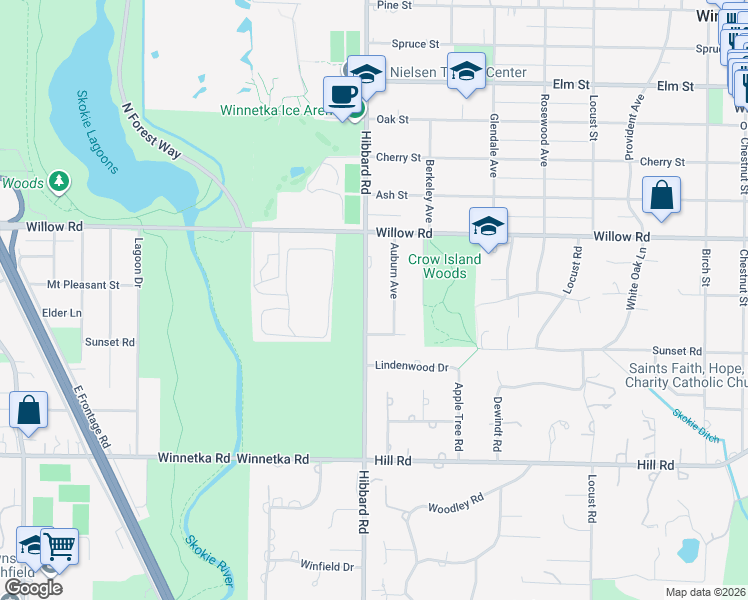 map of restaurants, bars, coffee shops, grocery stores, and more near 277 Hibbard Road in Winnetka