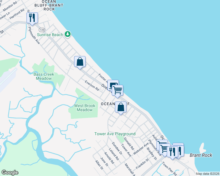map of restaurants, bars, coffee shops, grocery stores, and more near 23 Foster Avenue in Marshfield