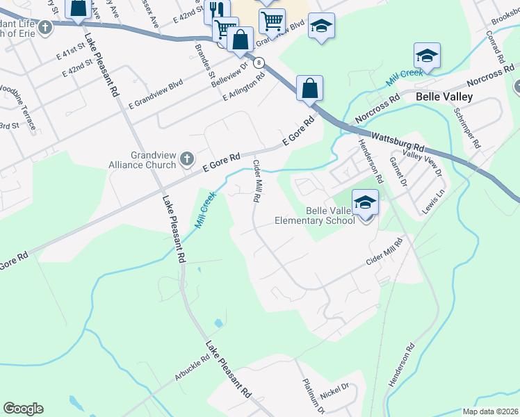 map of restaurants, bars, coffee shops, grocery stores, and more near 5123 Cider Mill Rd in Erie