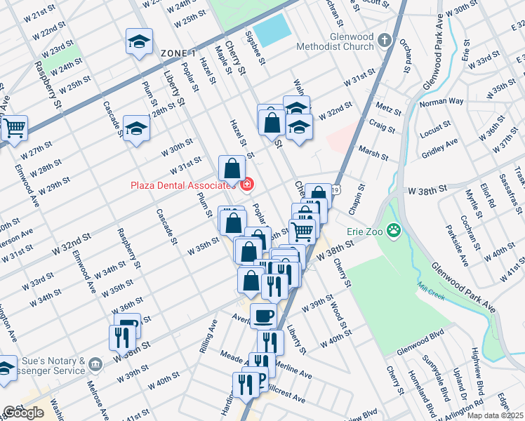 map of restaurants, bars, coffee shops, grocery stores, and more near 3427 Poplar Street in Erie