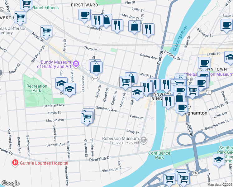 map of restaurants, bars, coffee shops, grocery stores, and more near 139 Chapin Street in Binghamton
