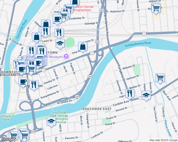 map of restaurants, bars, coffee shops, grocery stores, and more near 10 Rutherford Street in Binghamton