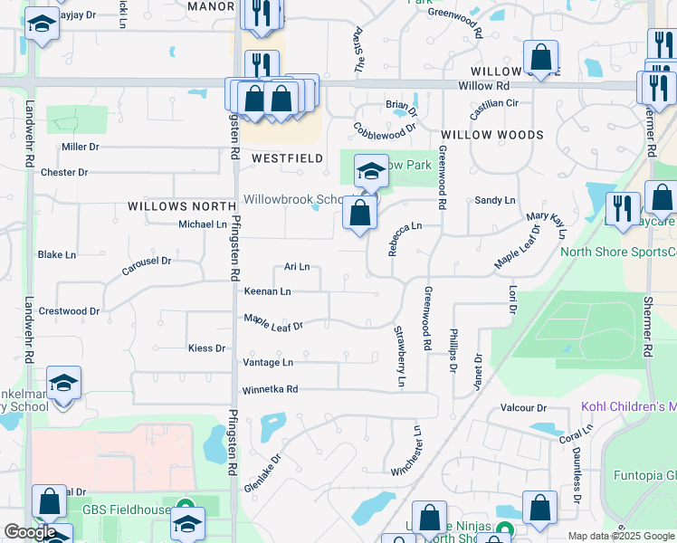 map of restaurants, bars, coffee shops, grocery stores, and more near 2414 Halina Drive in Glenview