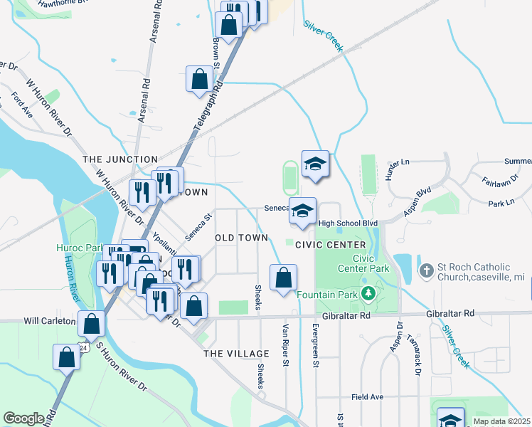 map of restaurants, bars, coffee shops, grocery stores, and more near 28235 Sheeks in Flat Rock