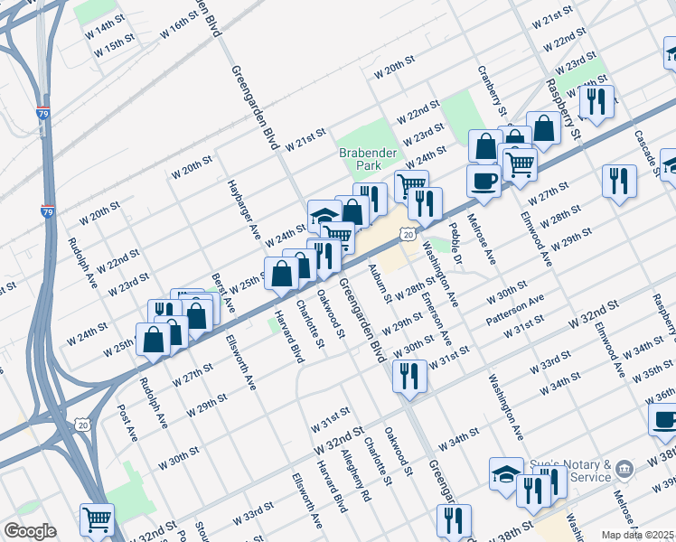 map of restaurants, bars, coffee shops, grocery stores, and more near W 26th St & Greengarden Blvd in Erie