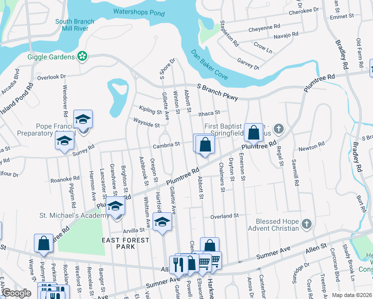 map of restaurants, bars, coffee shops, grocery stores, and more near 137 Winton Street in Springfield