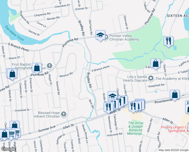 map of restaurants, bars, coffee shops, grocery stores, and more near 58 Pine Hill Road in Springfield
