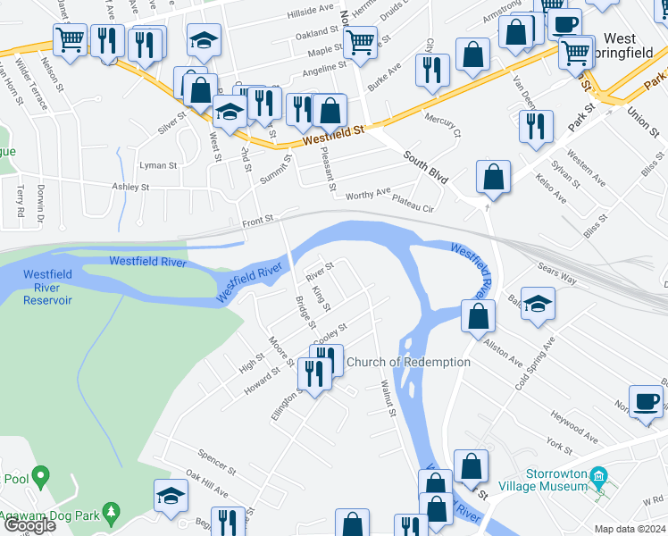 map of restaurants, bars, coffee shops, grocery stores, and more near 27 River Street in Agawam