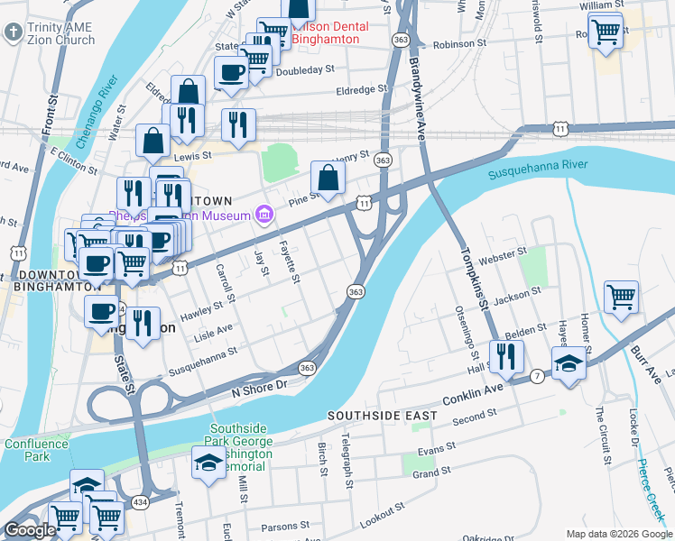 map of restaurants, bars, coffee shops, grocery stores, and more near 10 Rutherford Street in Binghamton