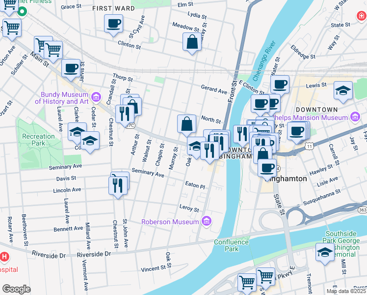 map of restaurants, bars, coffee shops, grocery stores, and more near 53 Main Street in Binghamton