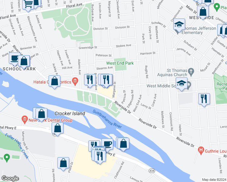 map of restaurants, bars, coffee shops, grocery stores, and more near 279 Margaret Street in Binghamton