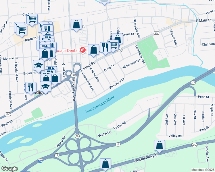 map of restaurants, bars, coffee shops, grocery stores, and more near 1803 Riverview Drive in Endicott