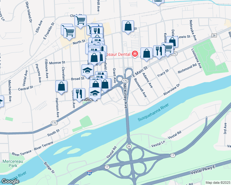 map of restaurants, bars, coffee shops, grocery stores, and more near 310 Grant Avenue in Endicott