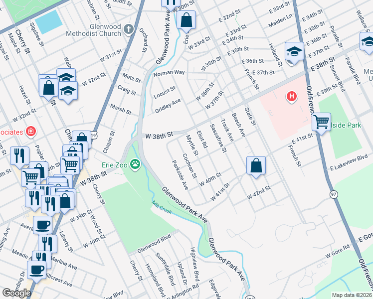 map of restaurants, bars, coffee shops, grocery stores, and more near 3846 Myrtle Street in Erie