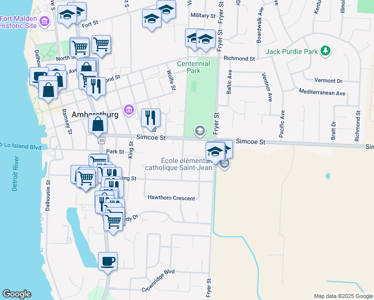 map of restaurants, bars, coffee shops, grocery stores, and more near 331 Victoria Street South in Amherstburg