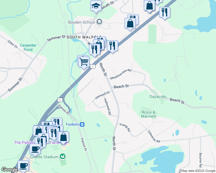 map of restaurants, bars, coffee shops, grocery stores, and more near 188 North Street in Foxborough