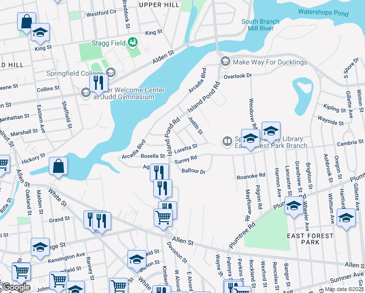 map of restaurants, bars, coffee shops, grocery stores, and more near 41 Loretta Street in Springfield