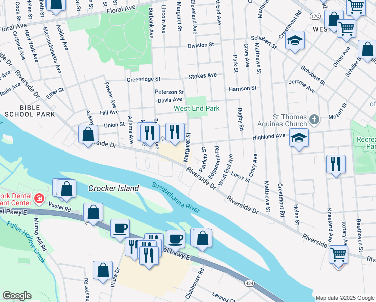 map of restaurants, bars, coffee shops, grocery stores, and more near 279 Margaret Street in Binghamton