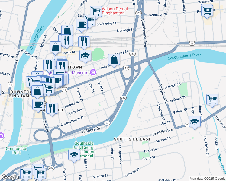 map of restaurants, bars, coffee shops, grocery stores, and more near 180A Hawley Street in Binghamton