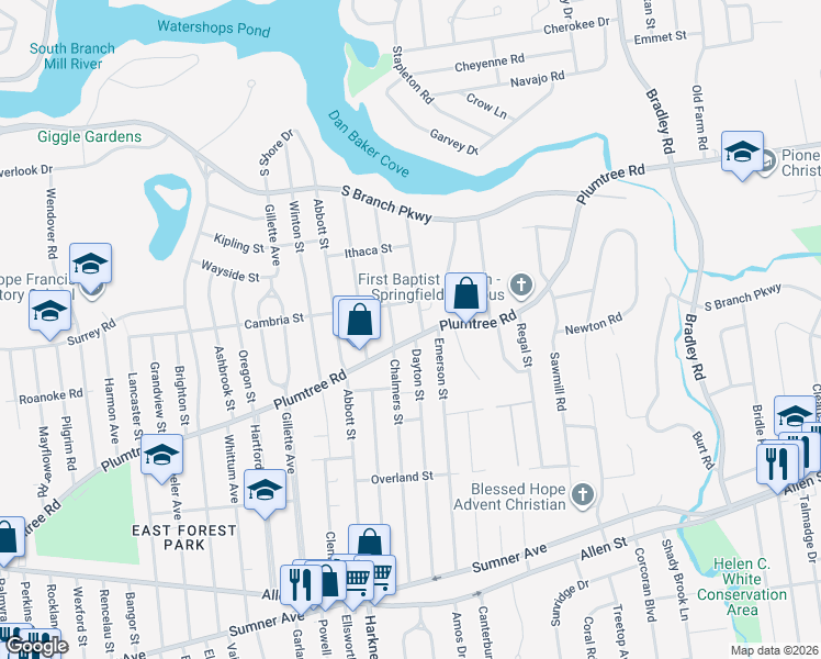 map of restaurants, bars, coffee shops, grocery stores, and more near 514 Plumtree Road in Springfield