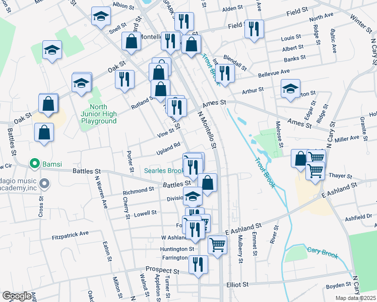 map of restaurants, bars, coffee shops, grocery stores, and more near 622 North Main Street in Brockton