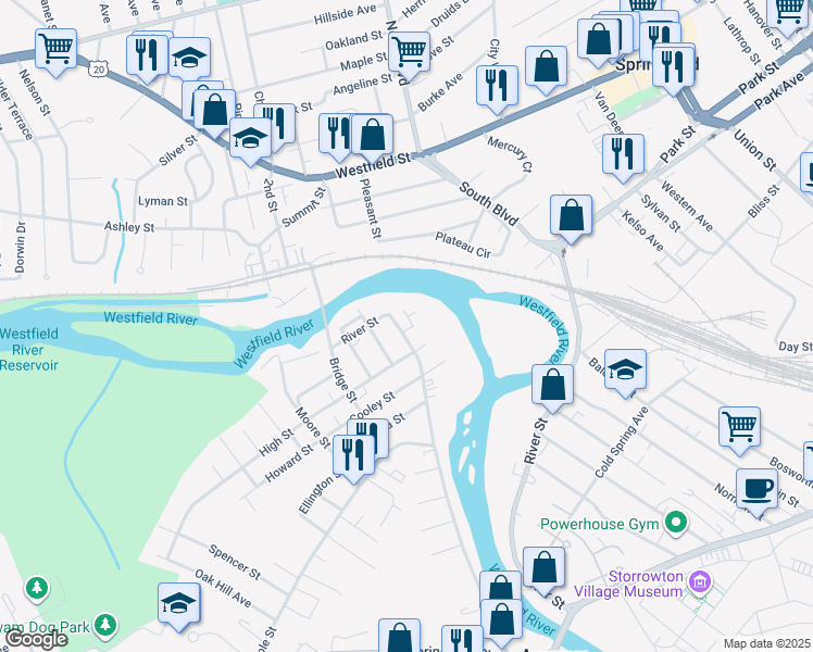 map of restaurants, bars, coffee shops, grocery stores, and more near 19 Walnut Street in Agawam