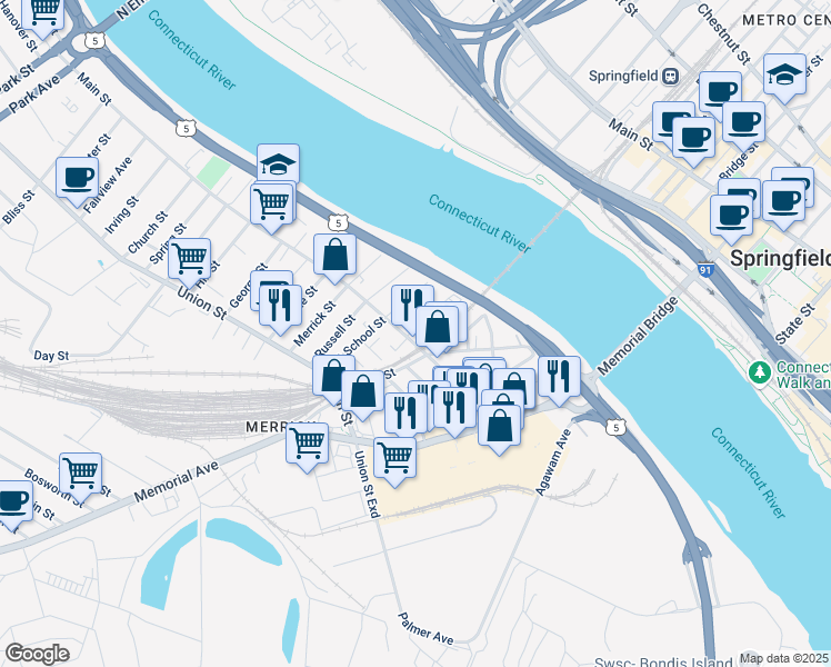 map of restaurants, bars, coffee shops, grocery stores, and more near 13 Chapin Street in West Springfield