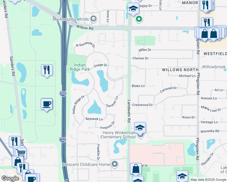 map of restaurants, bars, coffee shops, grocery stores, and more near 2551 Indian Ridge Court in Glenview