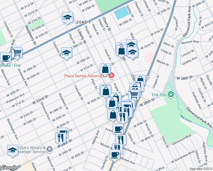 map of restaurants, bars, coffee shops, grocery stores, and more near 821 W 34th St in Erie