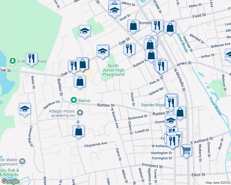 map of restaurants, bars, coffee shops, grocery stores, and more near 92 Battles Farm Drive in Brockton