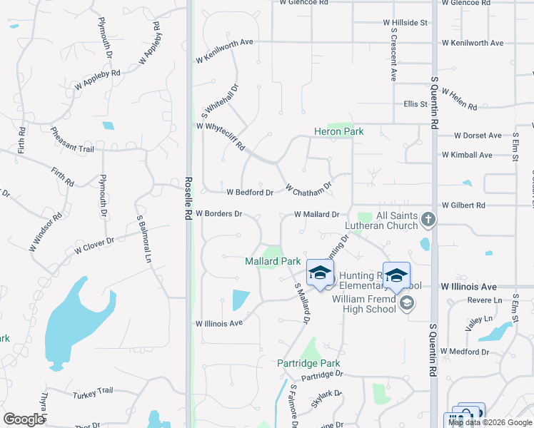 map of restaurants, bars, coffee shops, grocery stores, and more near 1160 West Mallard Drive in Palatine