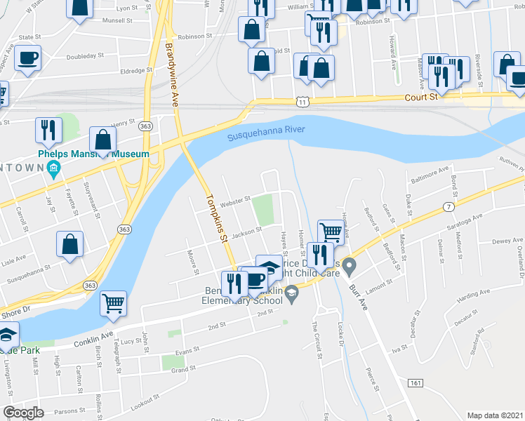 map of restaurants, bars, coffee shops, grocery stores, and more near 95 Jackson Street in Binghamton