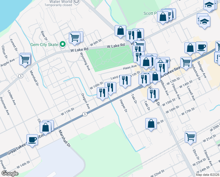 map of restaurants, bars, coffee shops, grocery stores, and more near 3055 West 11th Street in Erie