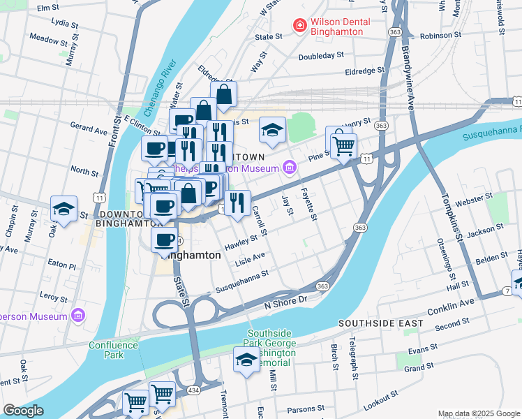 map of restaurants, bars, coffee shops, grocery stores, and more near 74 Carroll Street in Binghamton