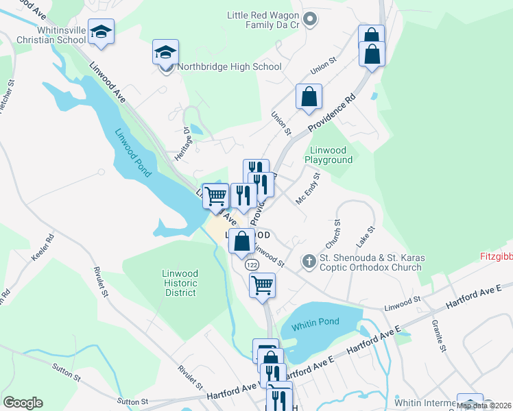 map of restaurants, bars, coffee shops, grocery stores, and more near 63 Providence Road in Northbridge