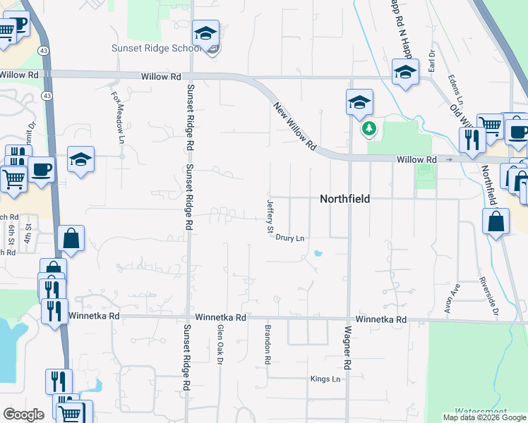 map of restaurants, bars, coffee shops, grocery stores, and more near 2207 Drury Lane in Northfield